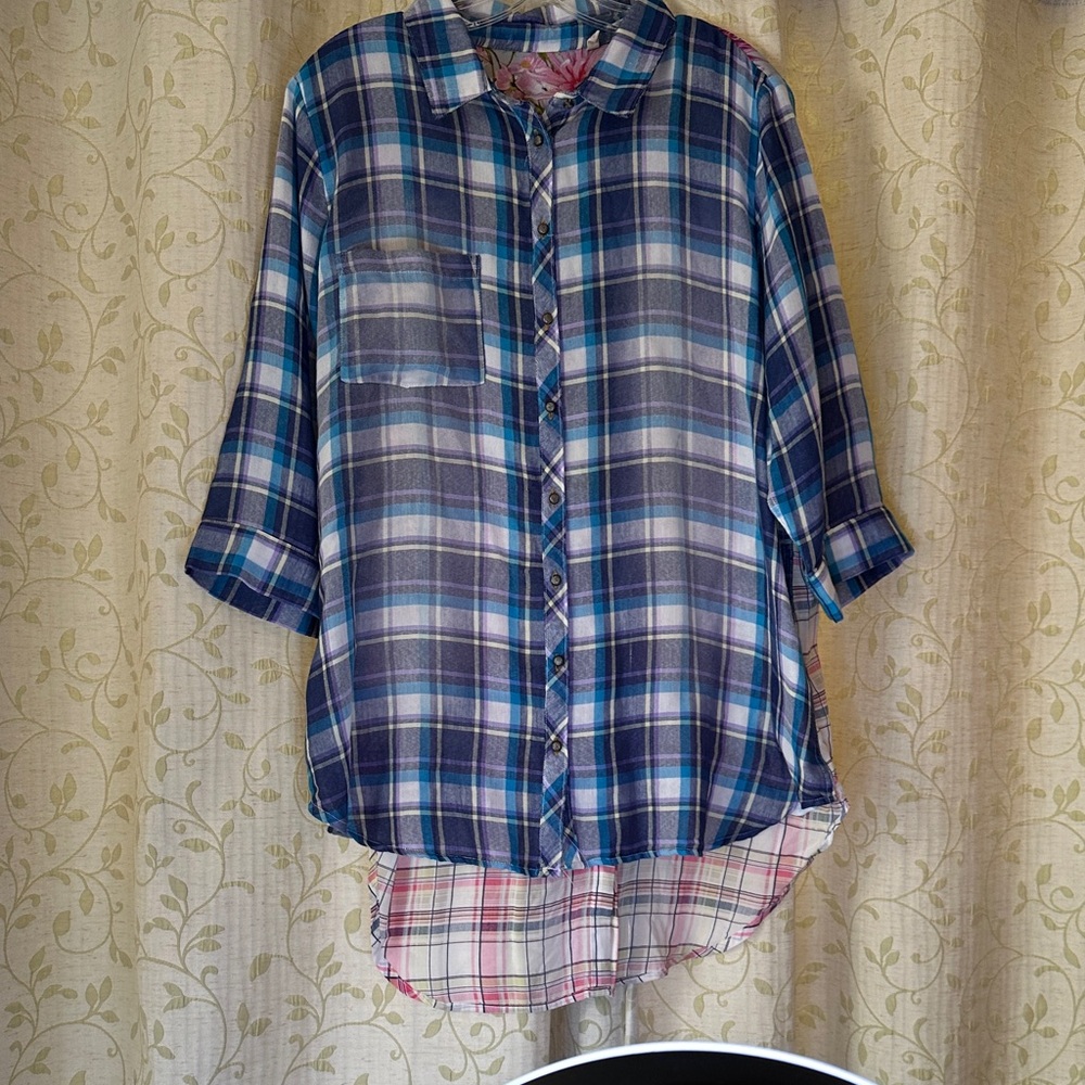 Soft Surroundings Floral embroidery and Plaid Button Down Shirt